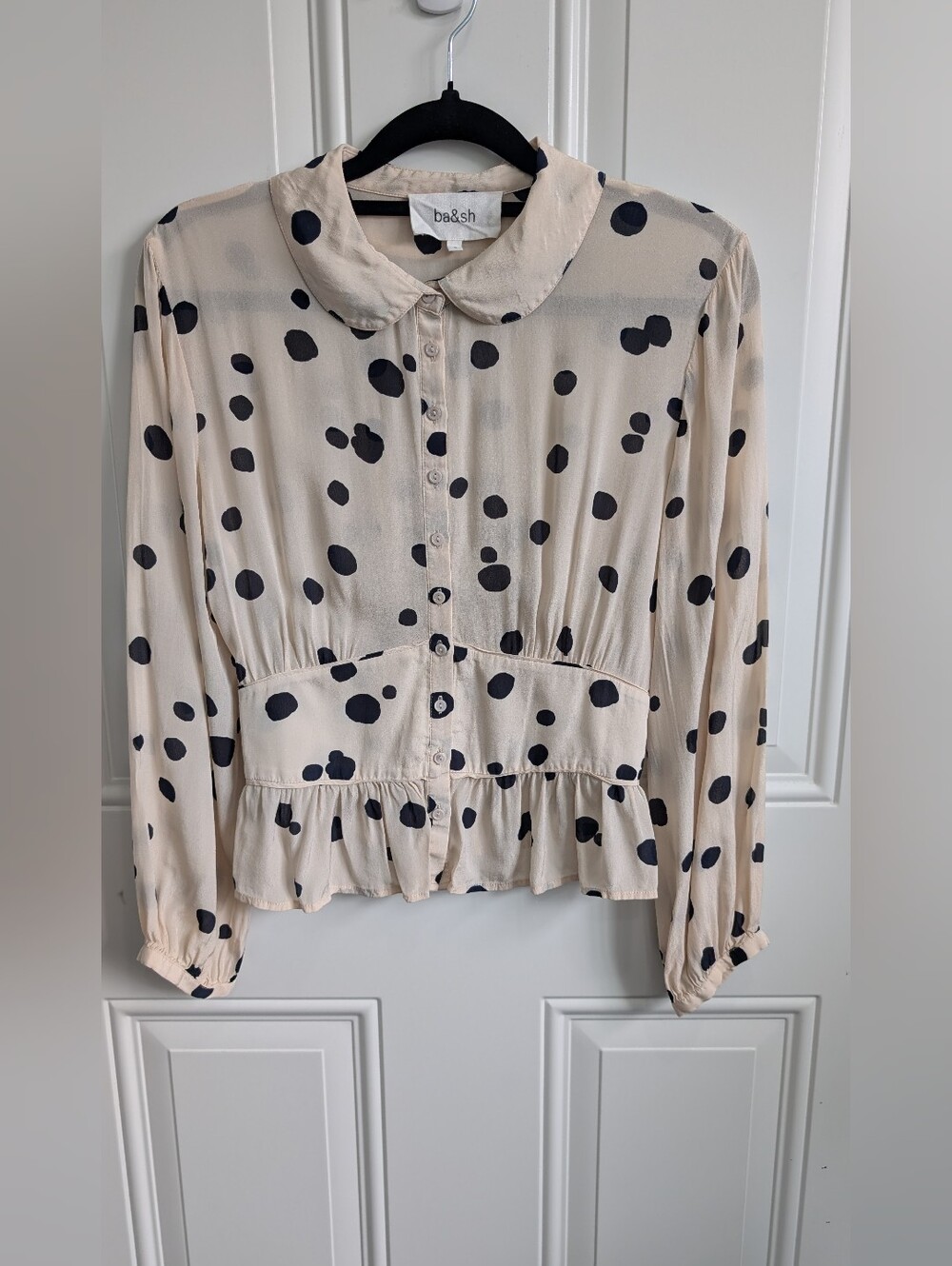ba&sh Denzel Polka Dot Peplum Blouse Ecru Black